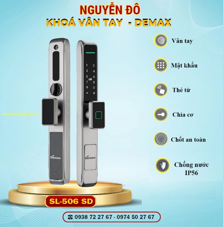 Khoá vân tay cửa nhôm Demax SL606 SD/ SL506 SD tiêu chuẩn Đức với 7 tính năng nổi bật 