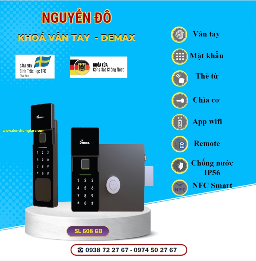 Khoá vân tay cửa cổng Demax SL 608 Đen/Đồng cổ tiêu chuẩn Đức với 8 tính năng nổi bật