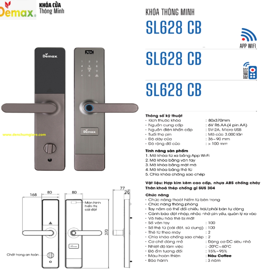 Khoá vân tay cửa gỗ Demax SL628 CB màu Nâu coffee tiêu chuẩn Đức với 5 tính năng nổi bật 