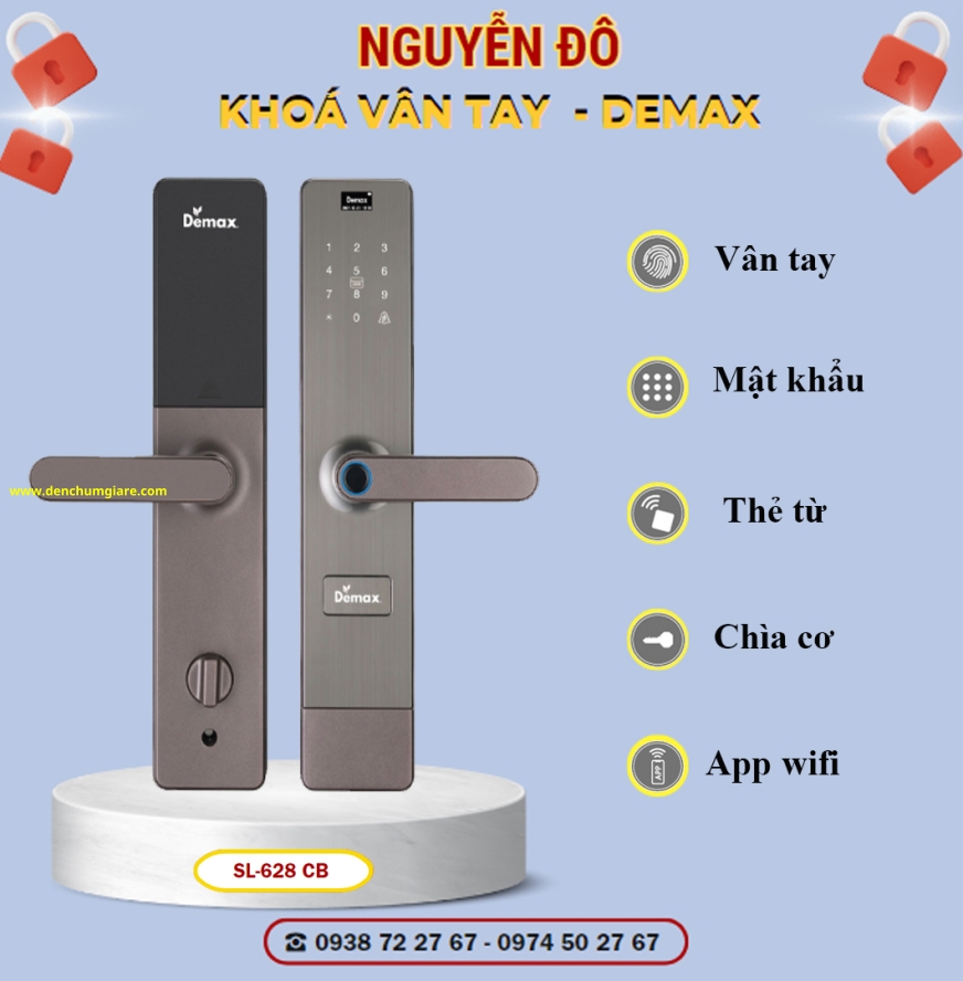 Khoá vân tay cửa gỗ Demax SL628 CB màu Nâu coffee tiêu chuẩn Đức với 5 tính năng nổi bật 