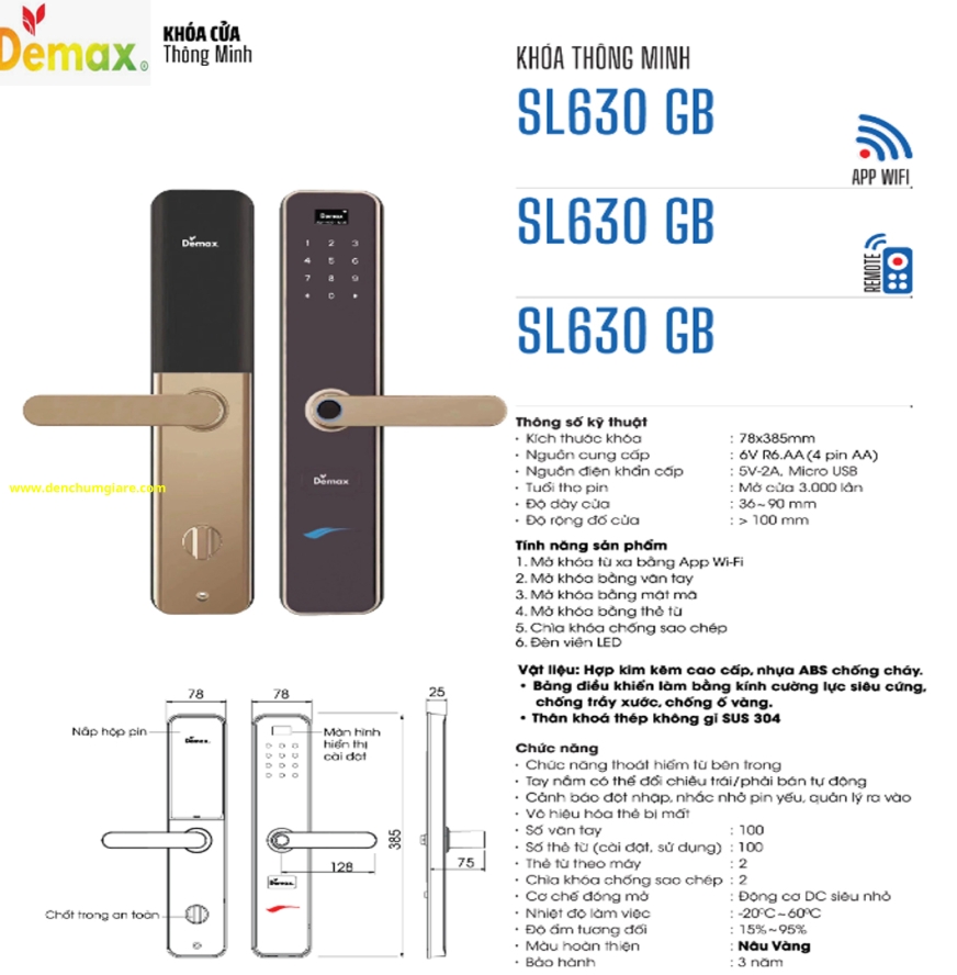 Khoá vân tay cửa gỗ Demax SL630 GB màu Nâu vàng tiêu chuẩn Đức với 6 tính năng nổi bật 