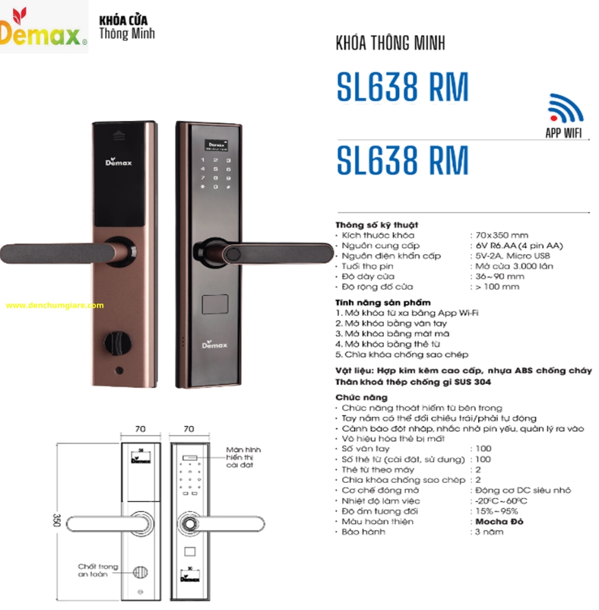 Khoá vân tay cửa gỗ Demax SL638 RM màu Mocha Đỏ tiêu chuẩn Đức với 5 tính năng nổi bật 
