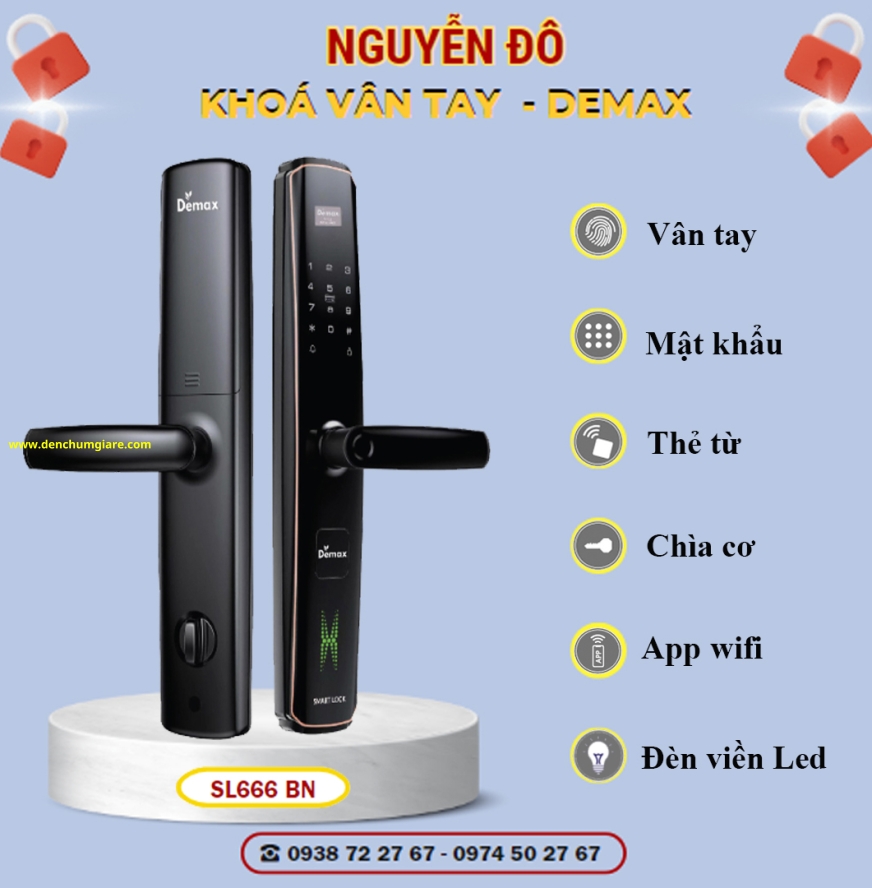 Khoá vân tay cửa gỗ Demax SL666 BN màu Đen Nano tiêu chuẩn Đức với 6 tính năng nổi bật 