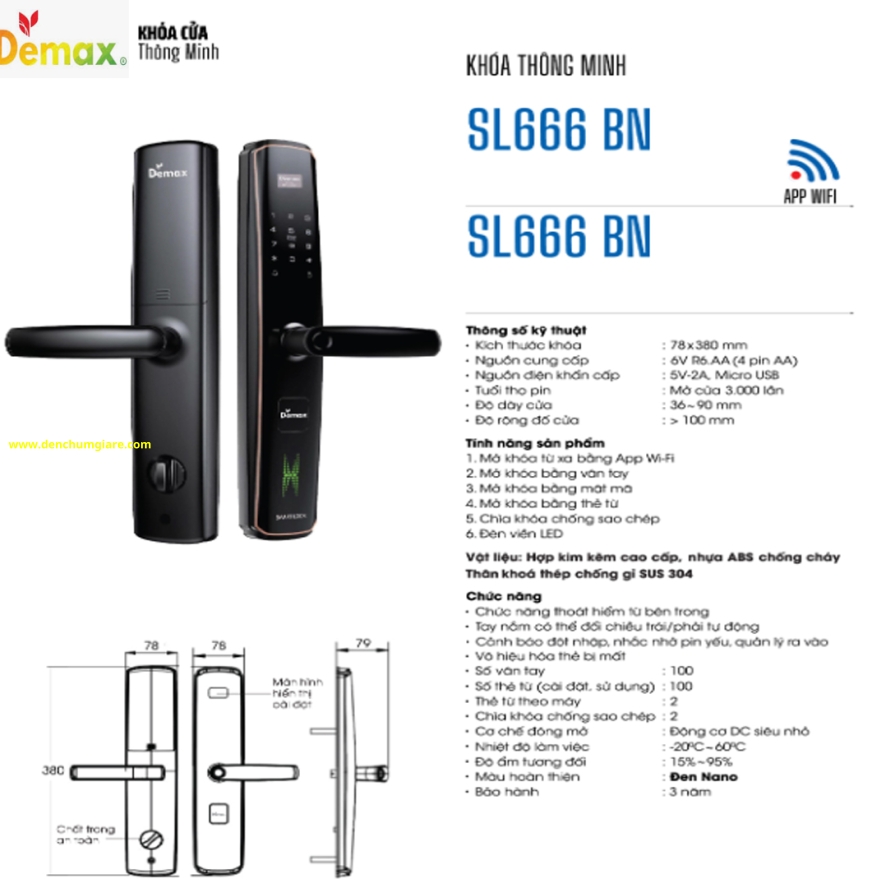 Khoá vân tay cửa gỗ Demax SL666 BN màu Đen Nano tiêu chuẩn Đức với 6 tính năng nổi bật 