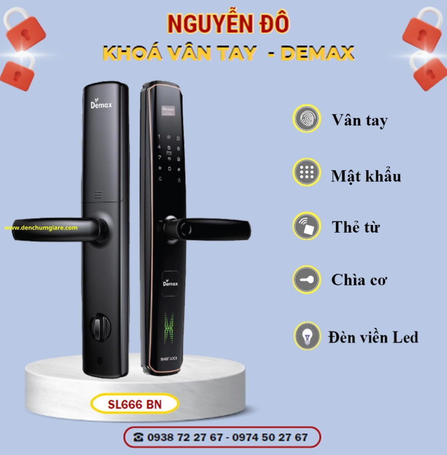 Khoá vân tay cửa gỗ Demax SL666 BN màu Đen Nano tiêu chuẩn Đức với 6 tính năng nổi bật 