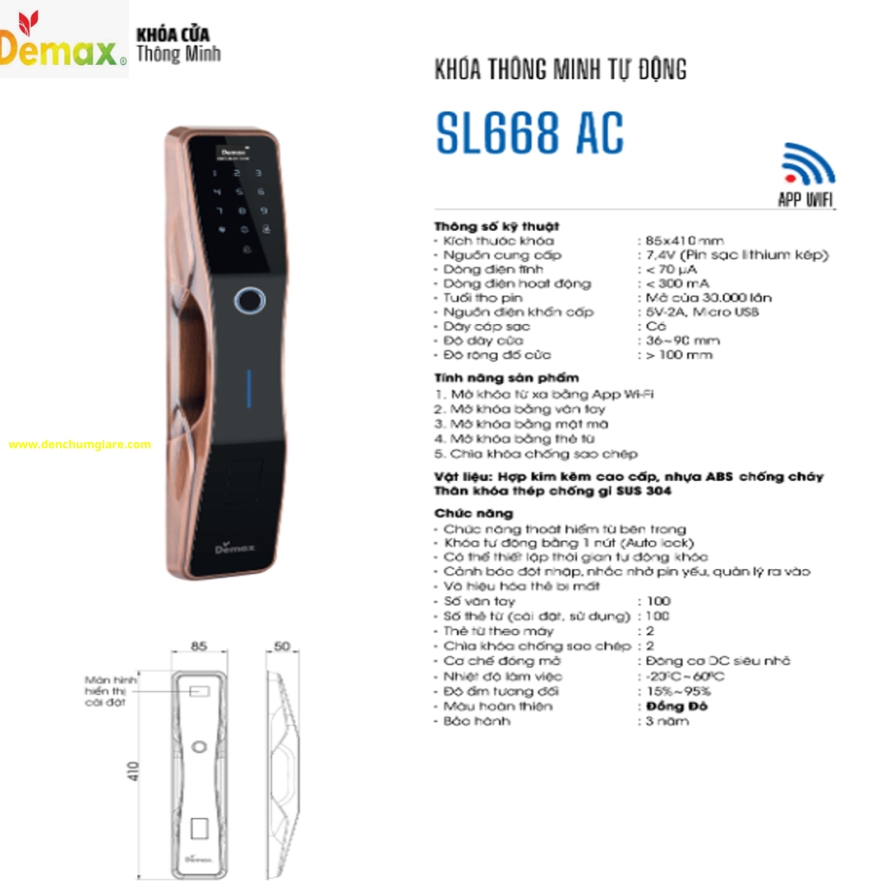 Khoá vân tay cửa gỗ Demax SL668 BL/SL668 AC tiêu chuẩn Đức với 5 tính năng nổi bật 