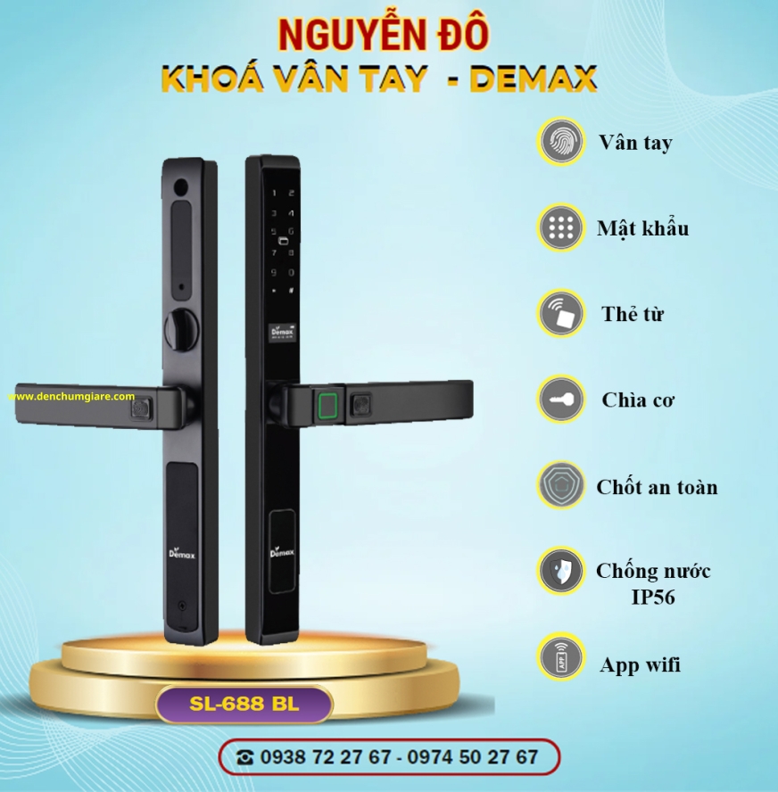 Khoá vân tay cửa nhôm Demax SL688 BL/SL588 BL tiêu chuẩn Đức với 7 tính năng nổi bật 