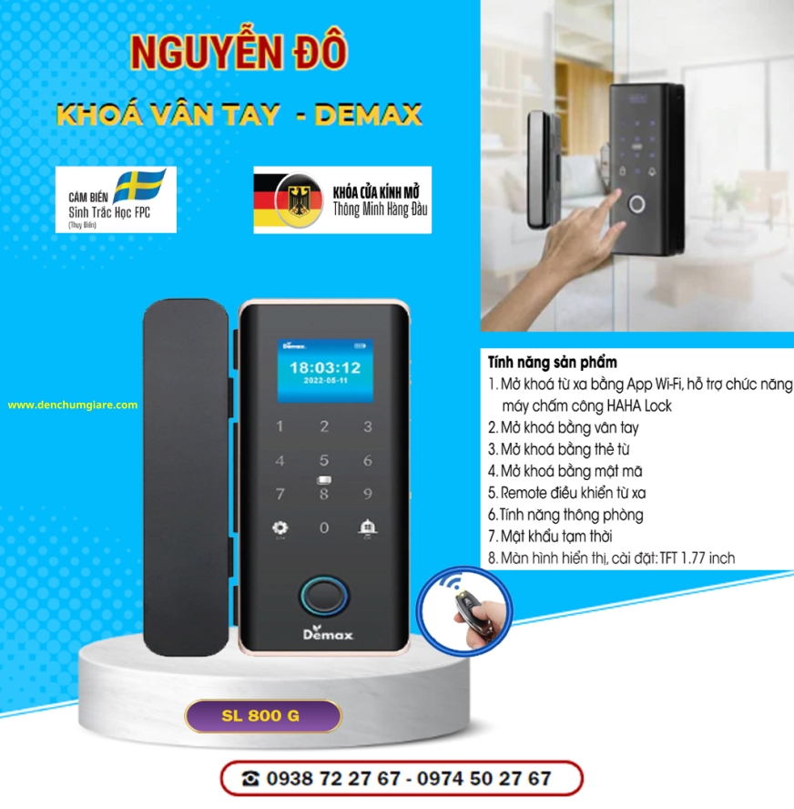 Khoá vân tay cửa kính Demax SL 800G tiêu chuẩn Đức với 8 tính năng nổi bật