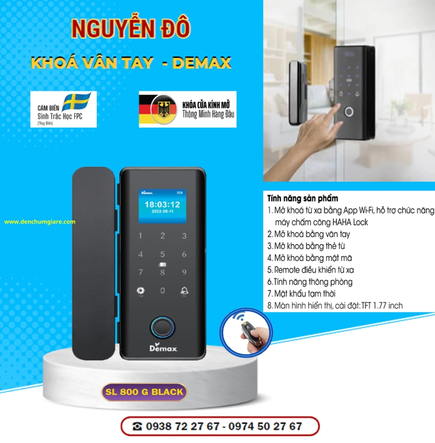 Khoá vân tay cửa kính Demax SL 800G BLACK tiêu chuẩn Đức với 8 tính năng nổi bật
