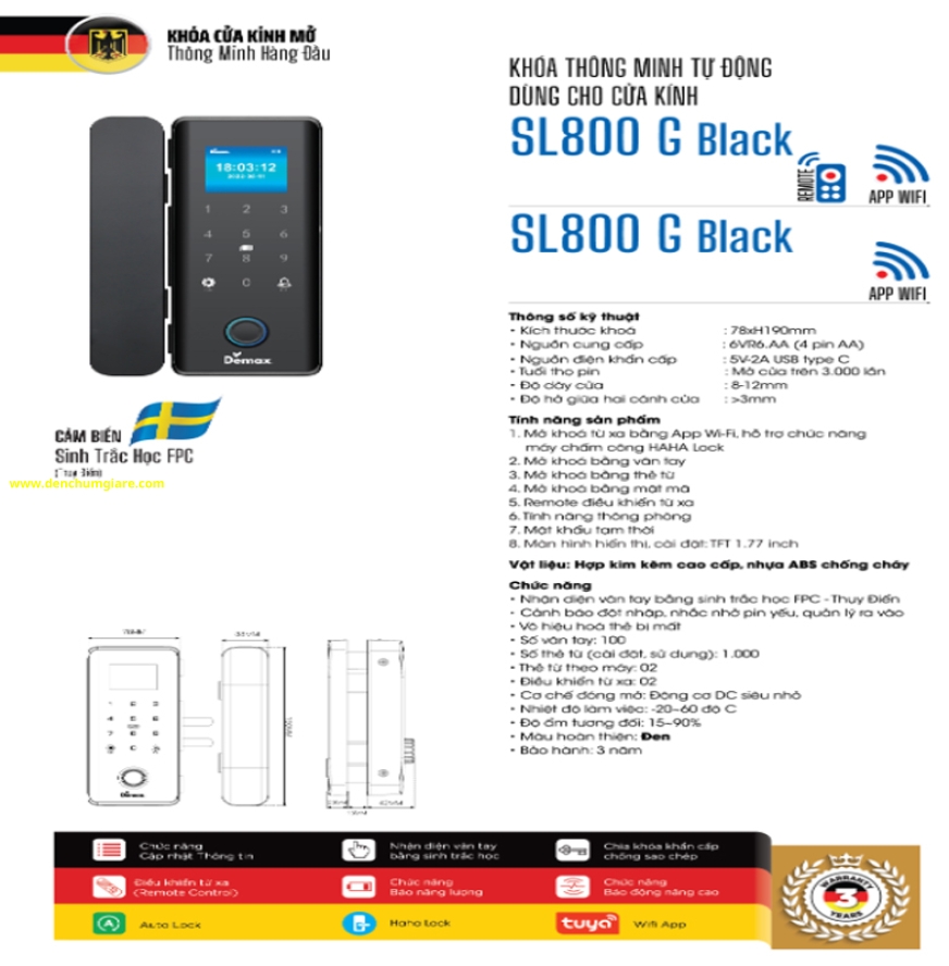Khoá vân tay cửa kính Demax SL 800G BLACK tiêu chuẩn Đức với 8 tính năng nổi bật
