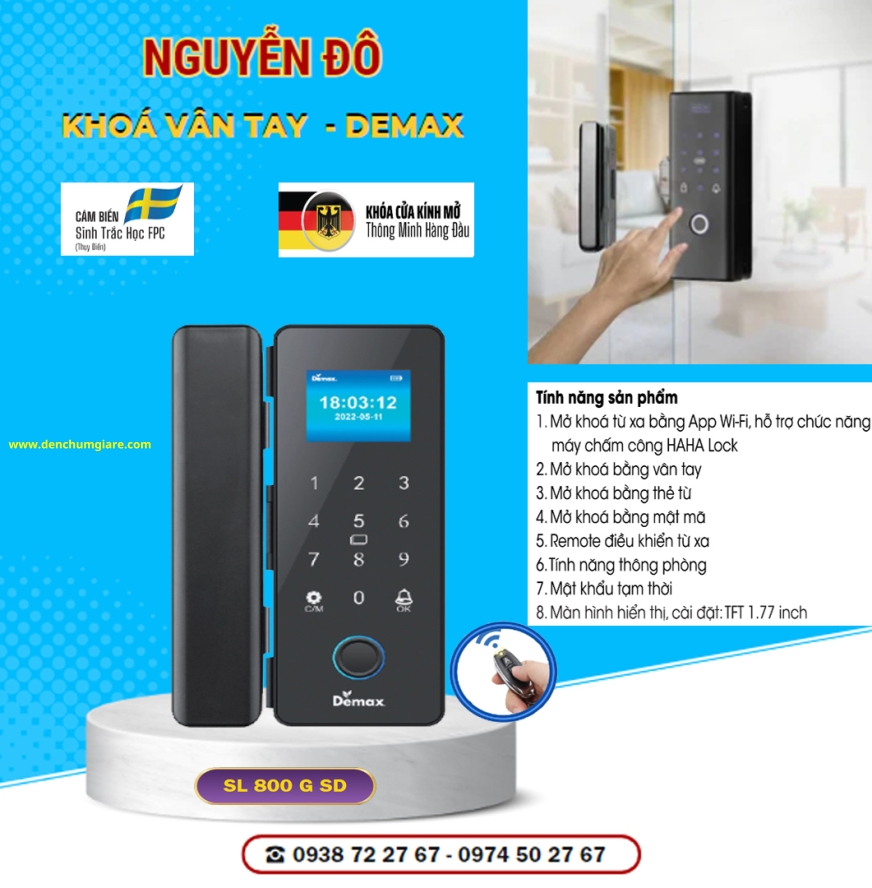 Khoá vân tay cửa kính Demax SL 800G-SD tiêu chuẩn Đức với 8 tính năng nổi bật