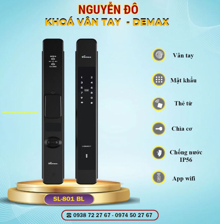 Khoá vân tay cửa nhôm Demax SL801 BL/SL801 CG tiêu chuẩn Đức với 6 tính năng nổi bật 