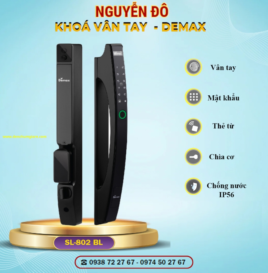 Khoá vân tay cửa nhôm Demax SL802 BL tiêu chuẩn Đức với 6 tính năng nổi bật 
