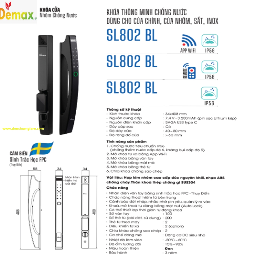 Khoá vân tay cửa nhôm Demax SL802 BL tiêu chuẩn Đức với 6 tính năng nổi bật 