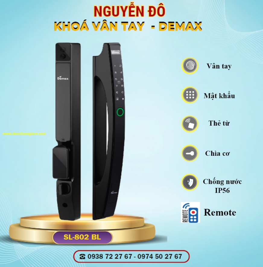 Khoá vân tay cửa nhôm Demax SL802 BL tiêu chuẩn Đức với 6 tính năng nổi bật 