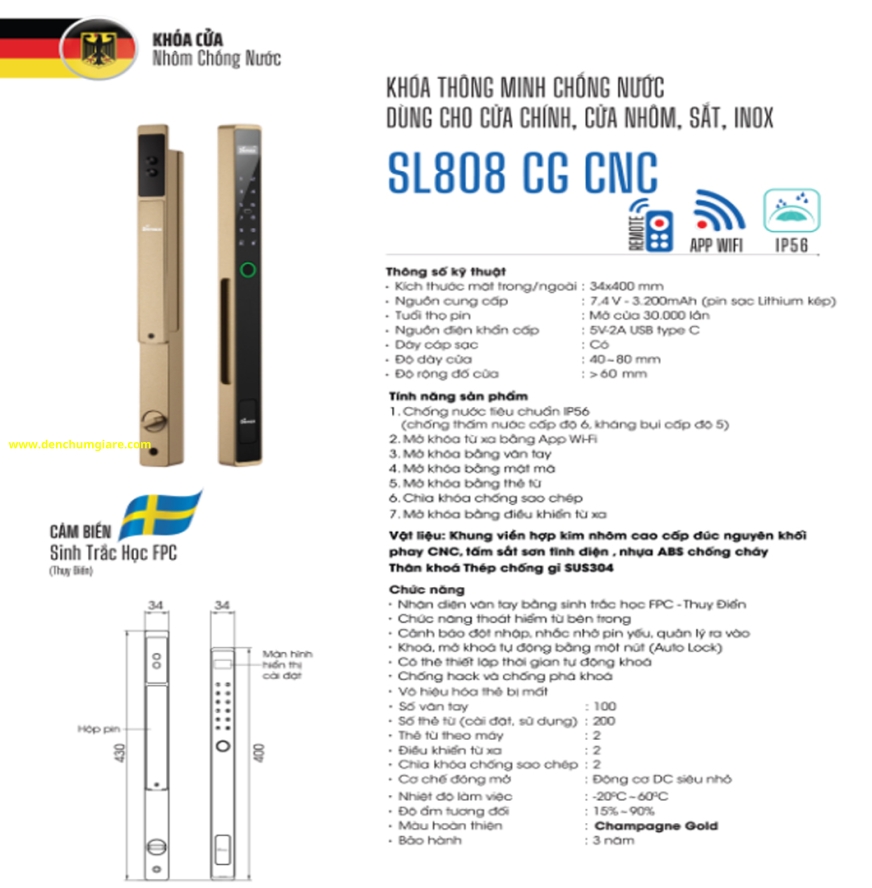 Khoá vân tay cửa nhôm Demax SL808 tiêu chuẩn Đức với 7 tính năng nổi bật 