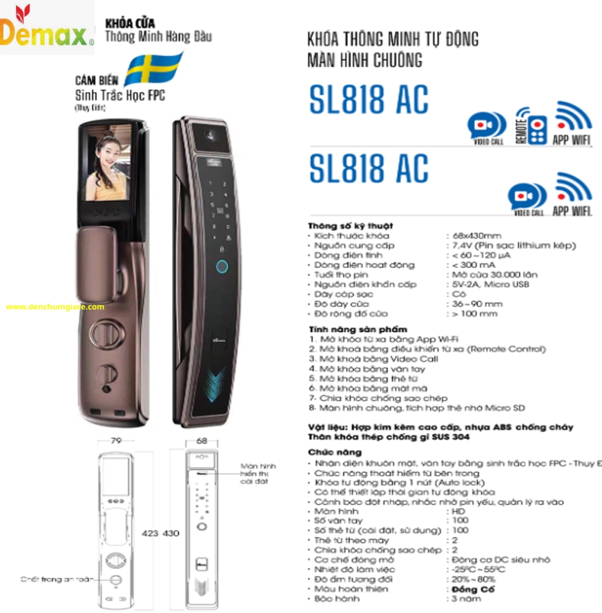 Khoá vân tay cửa gỗ Demax SL818 AC màu Đồng cổ tiêu chuẩn Đức với 7 tính năng nổi bật 