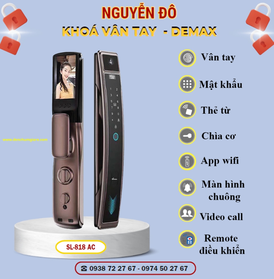 Khoá vân tay cửa gỗ Demax SL818 AC màu Đồng cổ tiêu chuẩn Đức với 7 tính năng nổi bật 