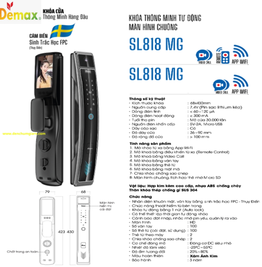 Khoá vân tay cửa gỗ Demax SL818 MG màu Xám ánh kim tiêu chuẩn Đức với 7 tính năng nổi bật 