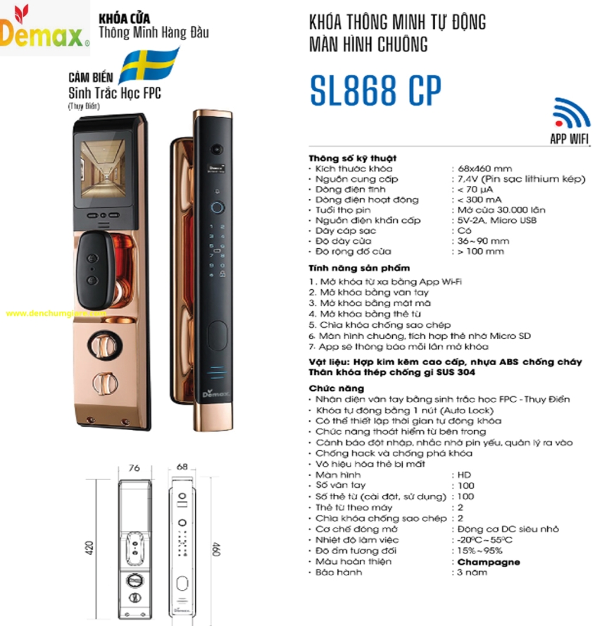  Khoá vân tay cửa gỗ Demax SL868 CP/ SL868 GS tiêu chuẩn Đức với 7 tính năng nổi bật 
