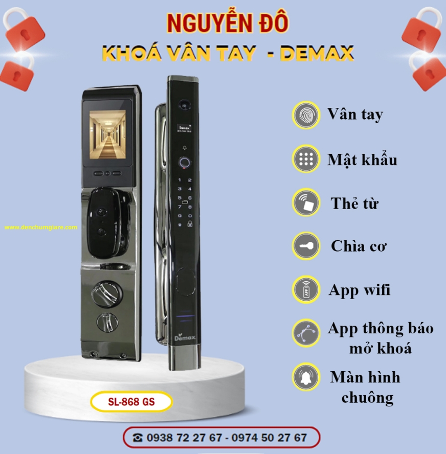  Khoá vân tay cửa gỗ Demax SL868 CP/ SL868 GS tiêu chuẩn Đức với 7 tính năng nổi bật 