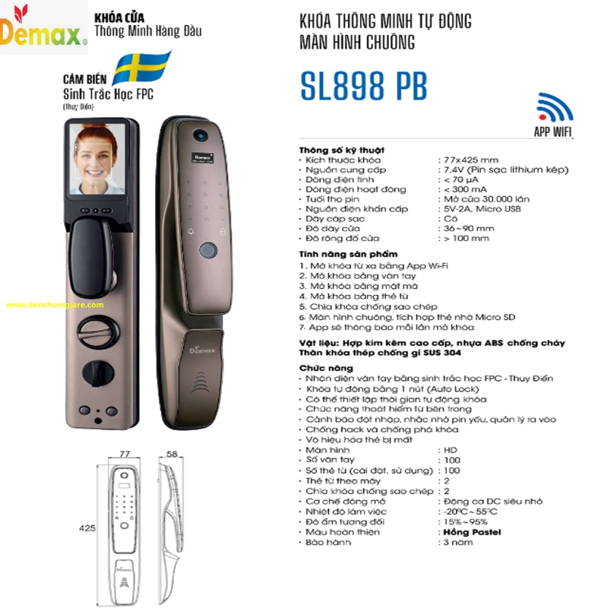 Khoá vân tay cửa gỗ Demax SL898 PB/ SL898 GC tiêu chuẩn Đức với 7 tính năng nổi bật 