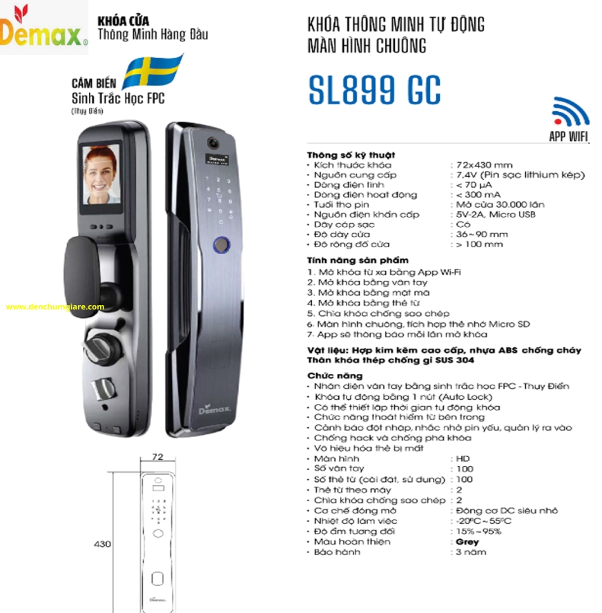 Khoá vân tay cửa gỗ Demax SL899 GC màu Grey tiêu chuẩn Đức với 7 tính năng nổi bật 
