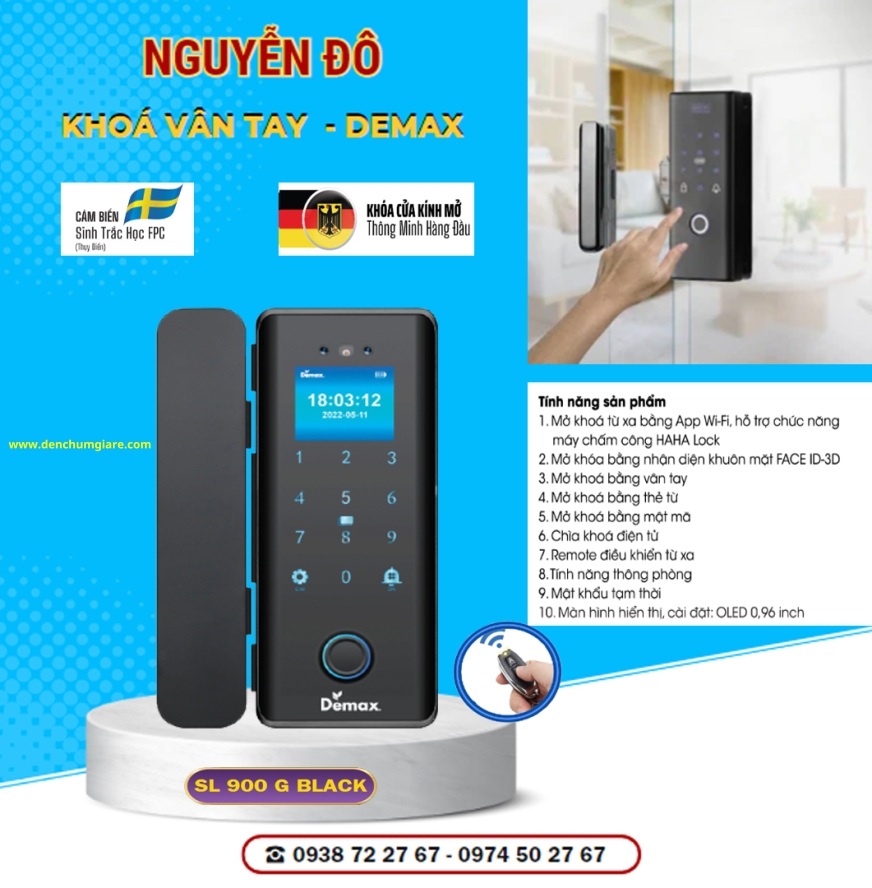  Khoá vân tay cửa kính Demax SL 900G Black tiêu chuẩn Đức với 9 tính năng nổi bật