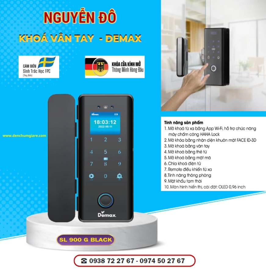 Khoá vân tay cửa kính Demax SL 900G Black tiêu chuẩn Đức với 9 tính năng nổi bật