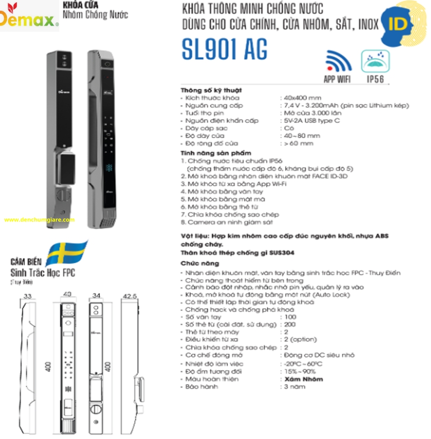 Khoá vân tay cửa nhôm Demax SL901 tiêu chuẩn Đức với 8 tính năng nổi bật 