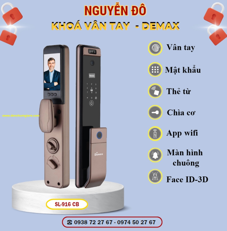 Khoá vân tay cửa gỗ Demax SL916 CB/ SL916 GS  tiêu chuẩn Đức với 7 tính năng nổi bật 
