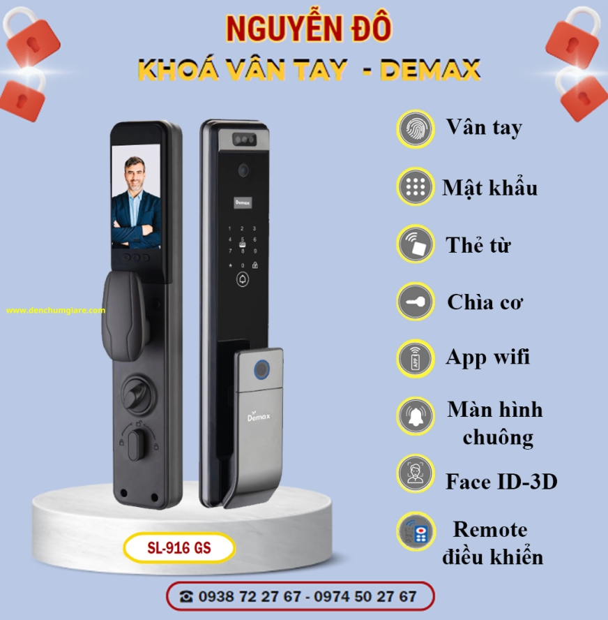 Khoá vân tay cửa gỗ Demax SL916 CB/ SL916 GS  tiêu chuẩn Đức với 7 tính năng nổi bật 