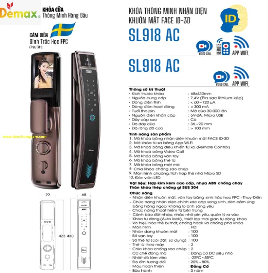 Khoá vân tay cửa gỗ Demax SL918 AC màu Đồng cổ tiêu chuẩn Đức với 9 tính năng nổi bật 