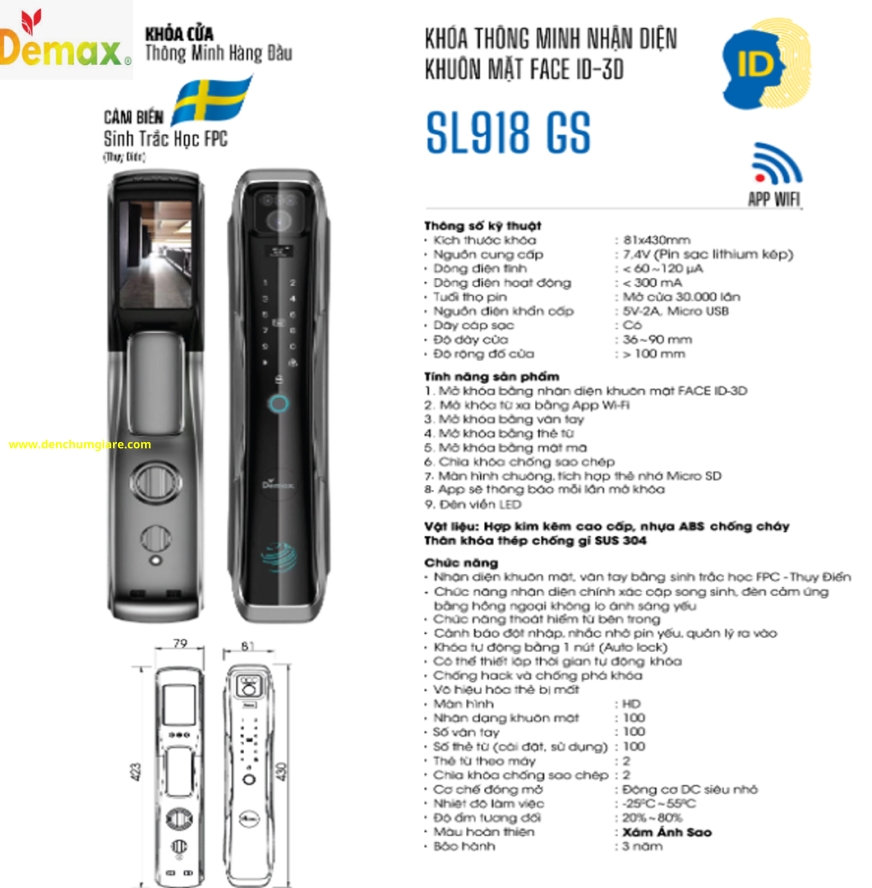 Khoá vân tay cửa gỗ Demax SL918 PB/ SL918 GS  tiêu chuẩn Đức với 9 tính năng nổi bật 