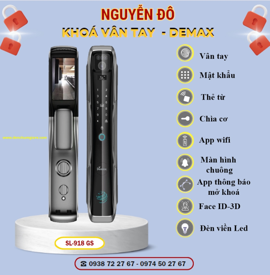 Khoá vân tay cửa gỗ Demax SL918 PB/ SL918 GS  tiêu chuẩn Đức với 9 tính năng nổi bật 