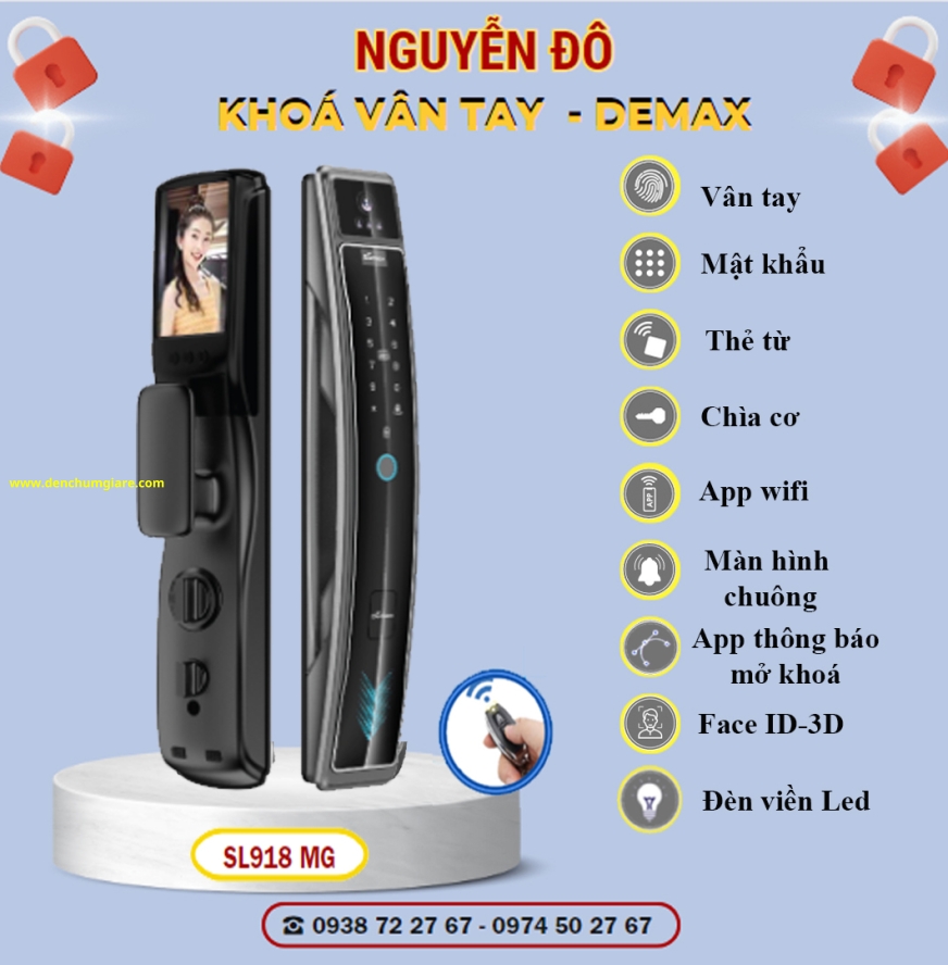 Khoá vân tay cửa gỗ Demax SL918 MG màu Xám ánh kim tiêu chuẩn Đức với 9 tính năng nổi bật 