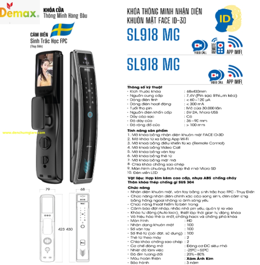Khoá vân tay cửa gỗ Demax SL918 MG màu Xám ánh kim tiêu chuẩn Đức với 9 tính năng nổi bật 