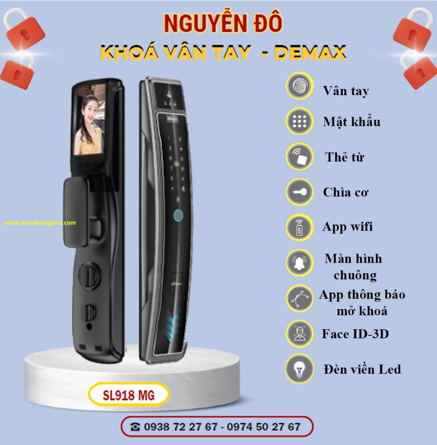 Khoá vân tay cửa gỗ Demax SL918 MG màu Xám ánh kim tiêu chuẩn Đức với 9 tính năng nổi bật 