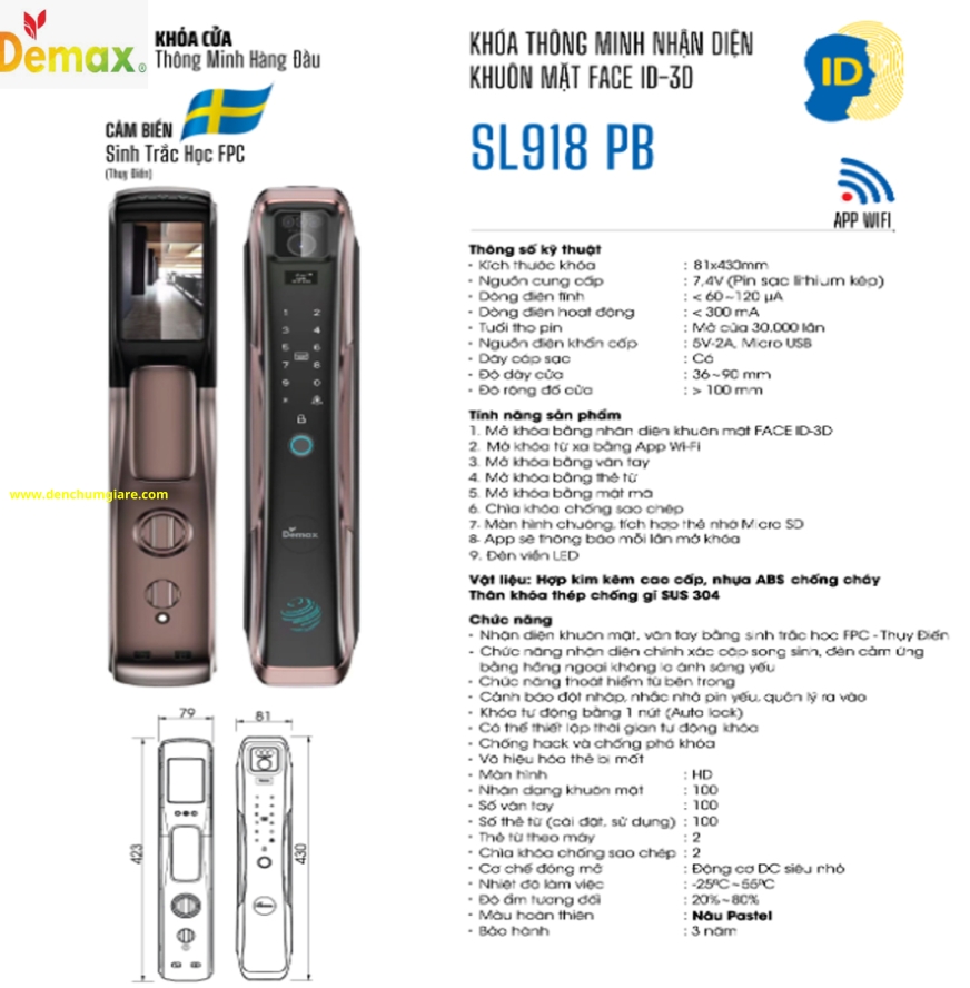 Khoá vân tay cửa gỗ Demax SL918 PB/ SL918 GS  tiêu chuẩn Đức với 9 tính năng nổi bật 