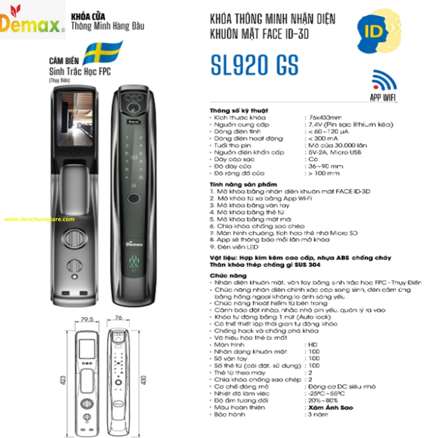 Khoá vân tay cửa gỗ Demax SL920 PB/ SL920 GS  tiêu chuẩn Đức với 9 tính năng nổi bật 