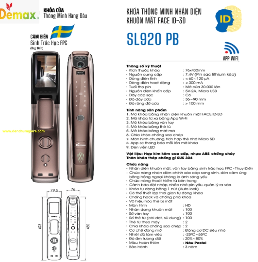 Khoá vân tay cửa gỗ Demax SL920 PB/ SL920 GS  tiêu chuẩn Đức với 9 tính năng nổi bật 