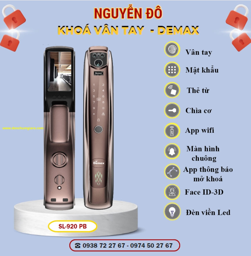 Khoá vân tay cửa gỗ Demax SL920 PB/ SL920 GS  tiêu chuẩn Đức với 9 tính năng nổi bật 