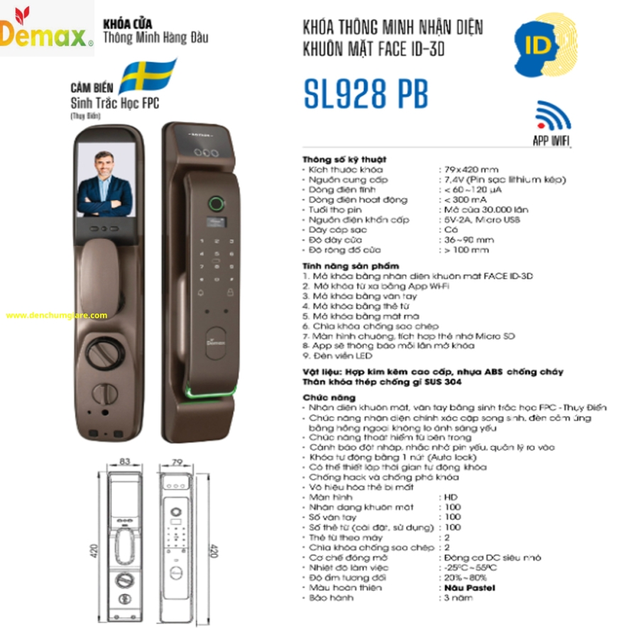 Khoá vân tay cửa gỗ Demax SL928 PB/ SL928 DG  tiêu chuẩn Đức với 9 tính năng nổi bật 