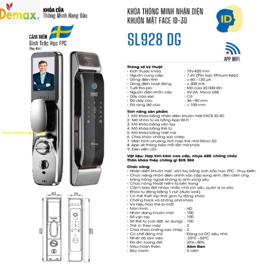 Khoá vân tay cửa gỗ Demax SL928 PB/ SL928 DG  tiêu chuẩn Đức với 9 tính năng nổi bật 