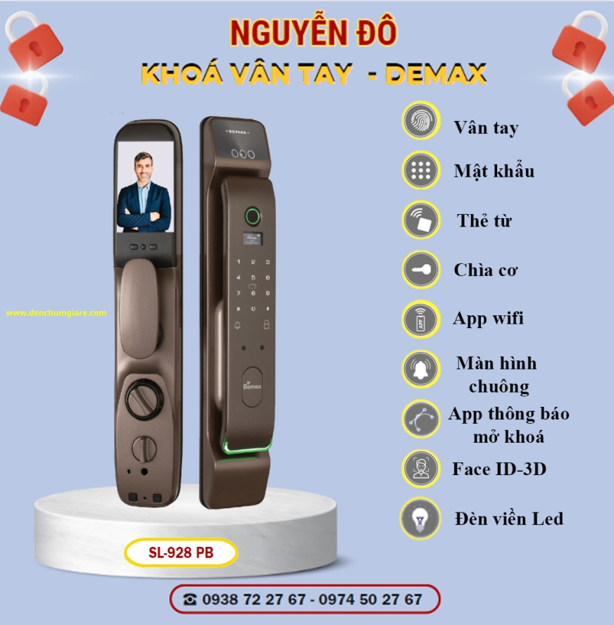 Khoá vân tay cửa gỗ Demax SL928 PB/ SL928 DG  tiêu chuẩn Đức với 9 tính năng nổi bật 
