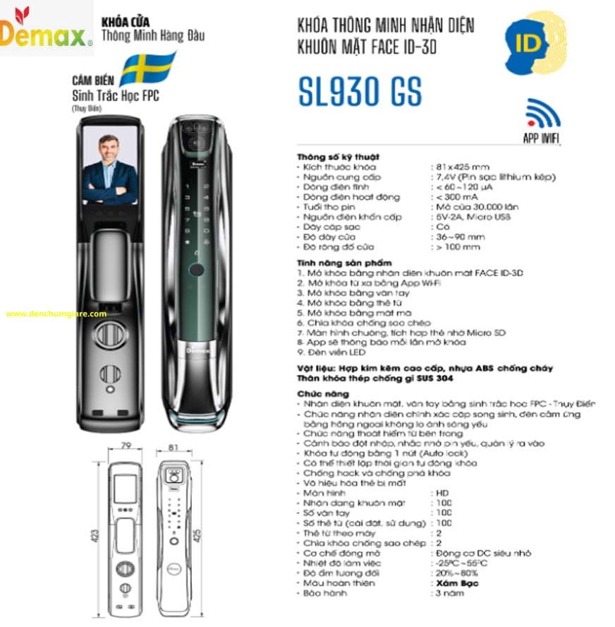 Khoá vân tay cửa gỗ Demax SL930 GS/ SL930 DG  tiêu chuẩn Đức với 9 tính năng nổi bật 