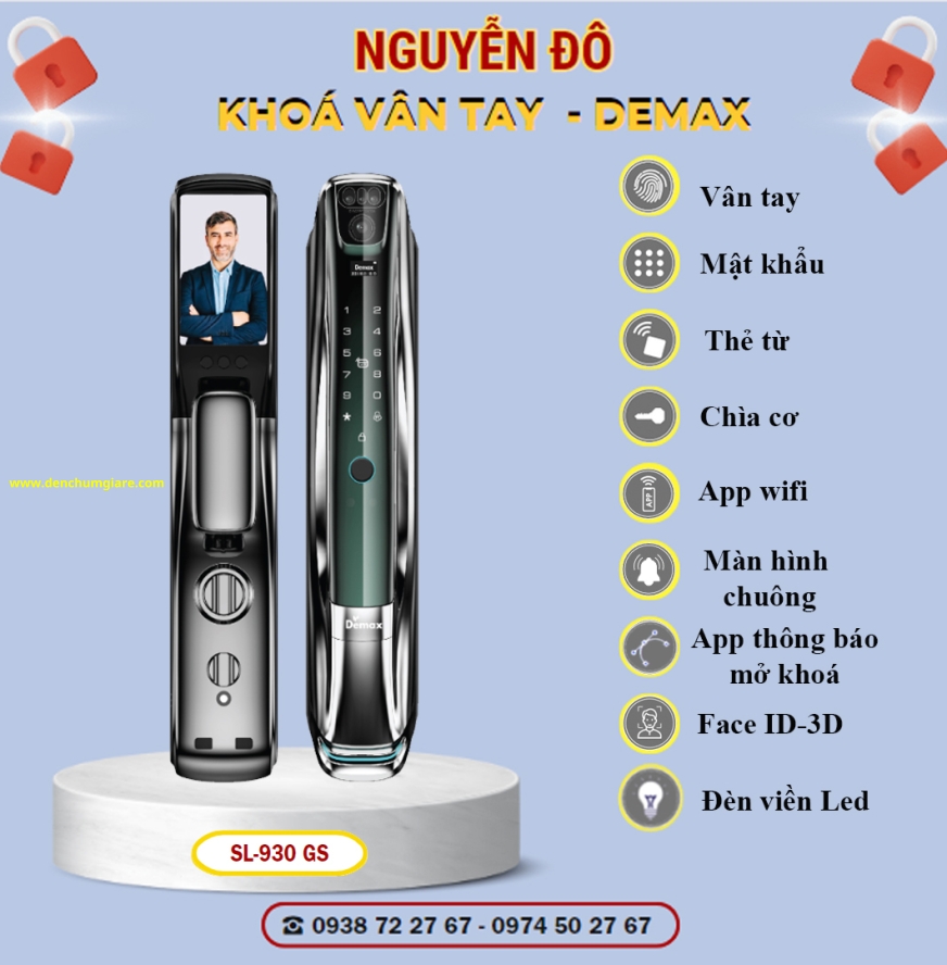 Khoá vân tay cửa gỗ Demax SL930 GS/ SL930 DG  tiêu chuẩn Đức với 9 tính năng nổi bật 