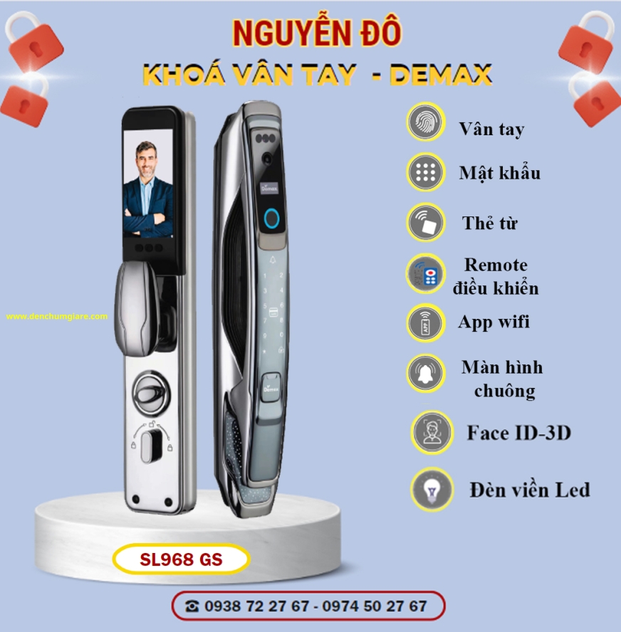 Khoá vân tay cửa gỗ Demax SL968 GS/ SL968 CB  tiêu chuẩn Đức với 8 tính năng nổi bật 