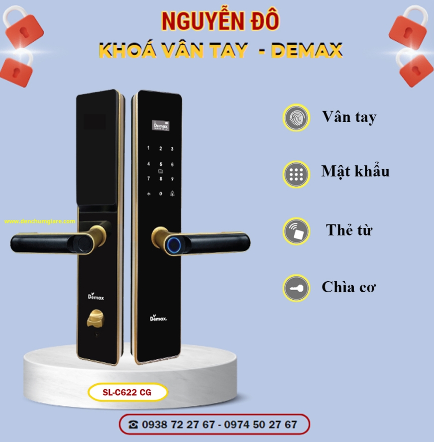 Khoá vân tay cửa gỗ Demax SL-C622 CG màu Đen-vàng Gold tiêu chuẩn Đức với 5 tính năng nổi bật 