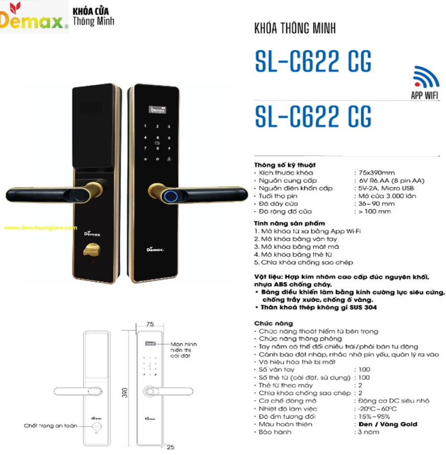 Khoá vân tay cửa gỗ Demax SL-C622 CG màu Đen-vàng Gold tiêu chuẩn Đức với 5 tính năng nổi bật 